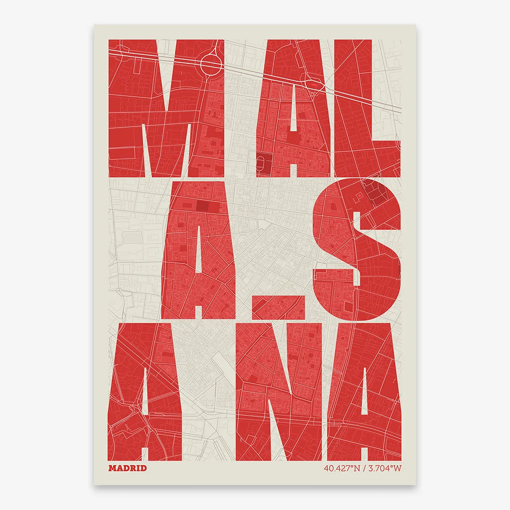 Decorative print of Madrid with letters of its name placed randomly, designed in orange and an off-white background