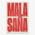 The map of Malasaña, Madrid, in Extra Compressed design, where the letters are tightly squeezed to fit the city's map shape designed in red and an off-white background