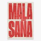 The map of Malasaña, Madrid, in Extra Compressed design, where the letters are tightly squeezed to fit the city's map shape designed in red and an off-white background