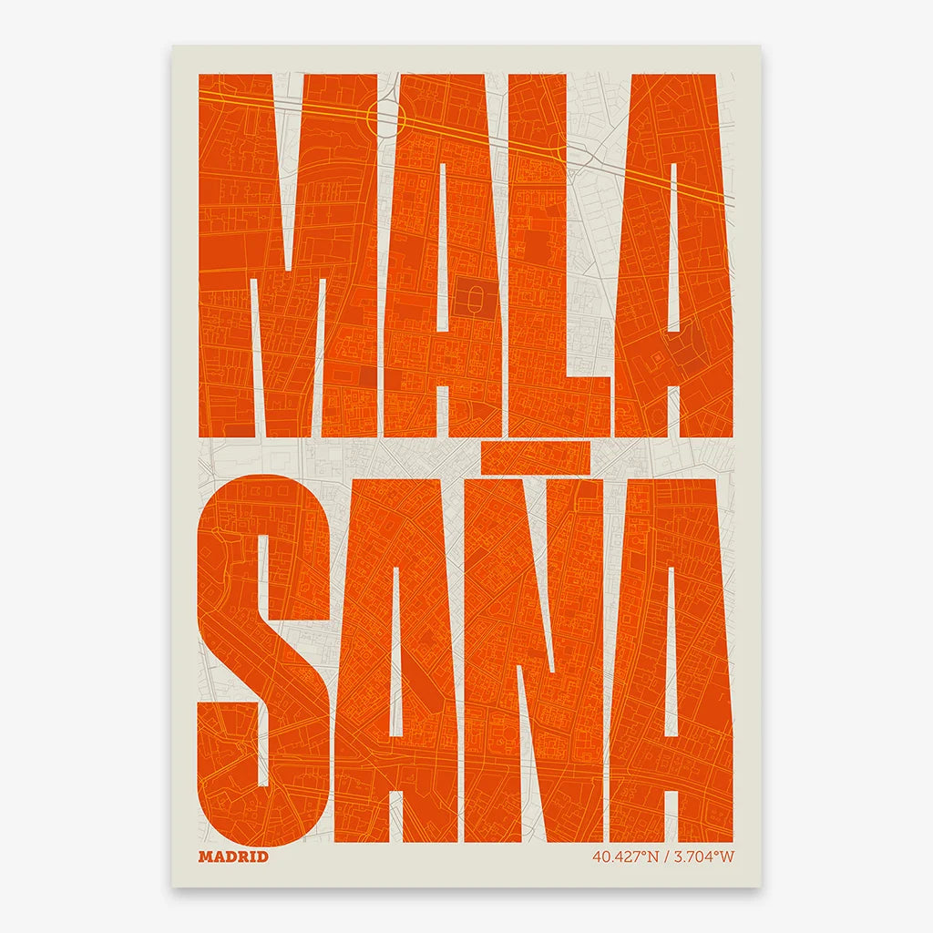 Decorative map of Madrid and letters of its name in a giclée print designed in orange and an off-white background