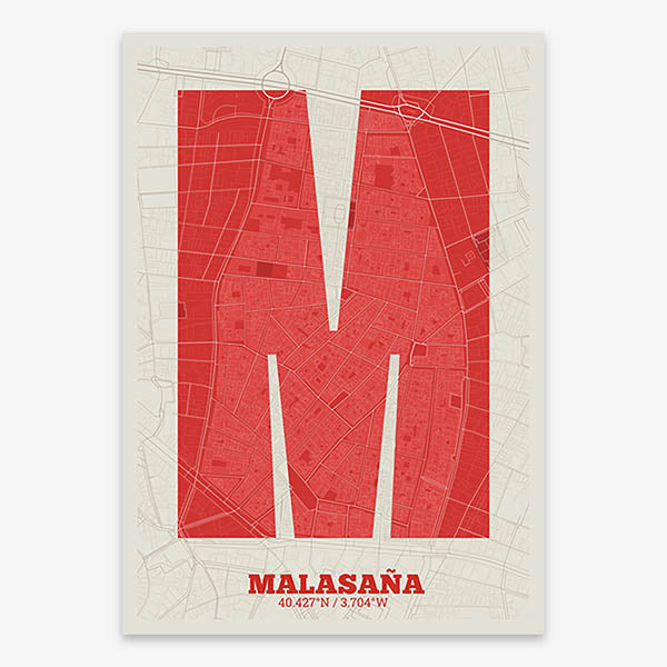 Decorative print of Madrid composed with letters in a heavy geometric font printed on red and an off-white background