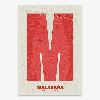 Decorative print of Madrid composed with letters in a heavy geometric font printed on red and an off-white background