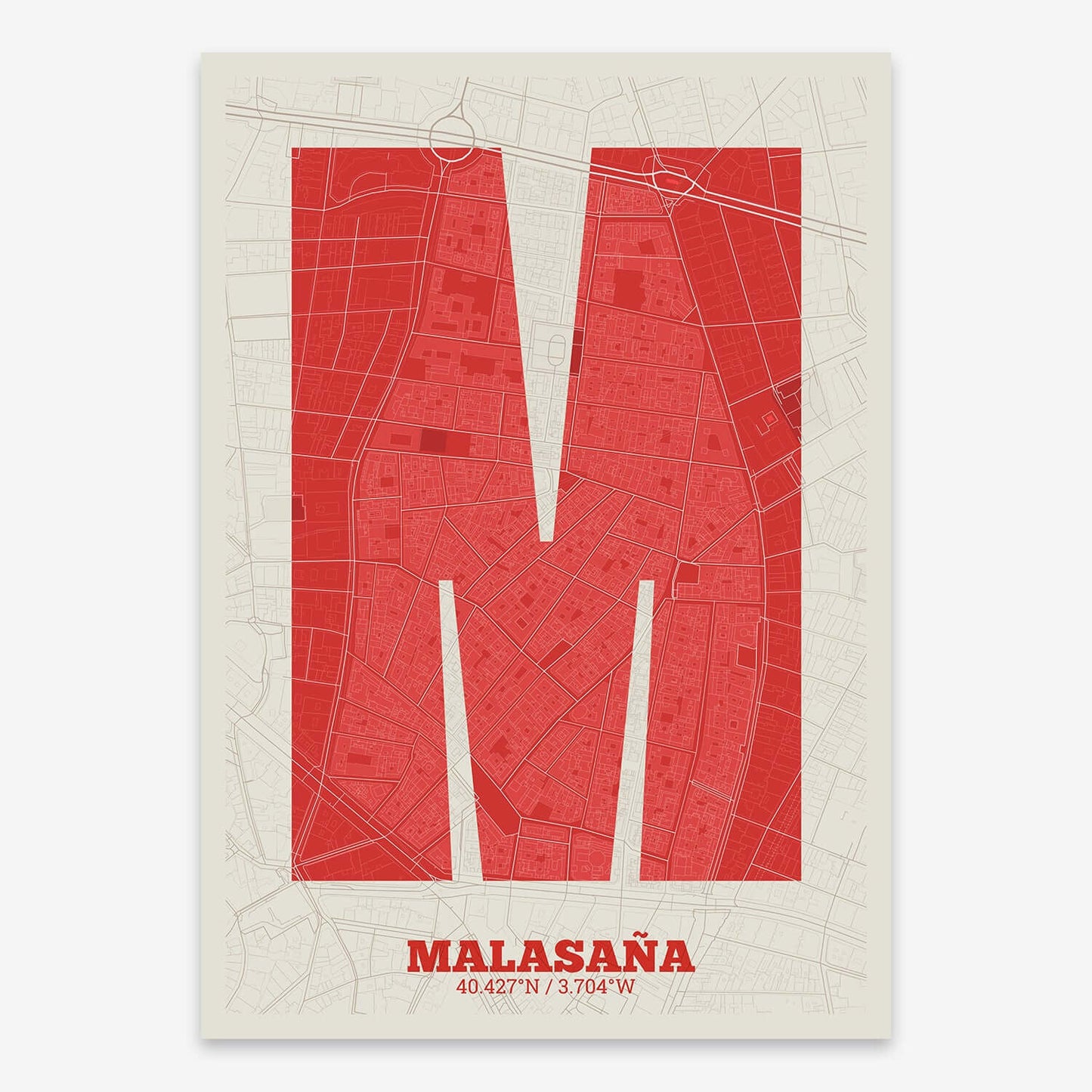 The map of Malasaña composed with letters in a heavy geometric font printed on yellow and fuchsia