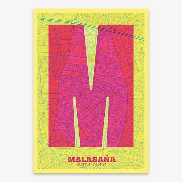 Decorative print of Madrid composed with letters in a heavy geometric font printed on yellow and fuchsia