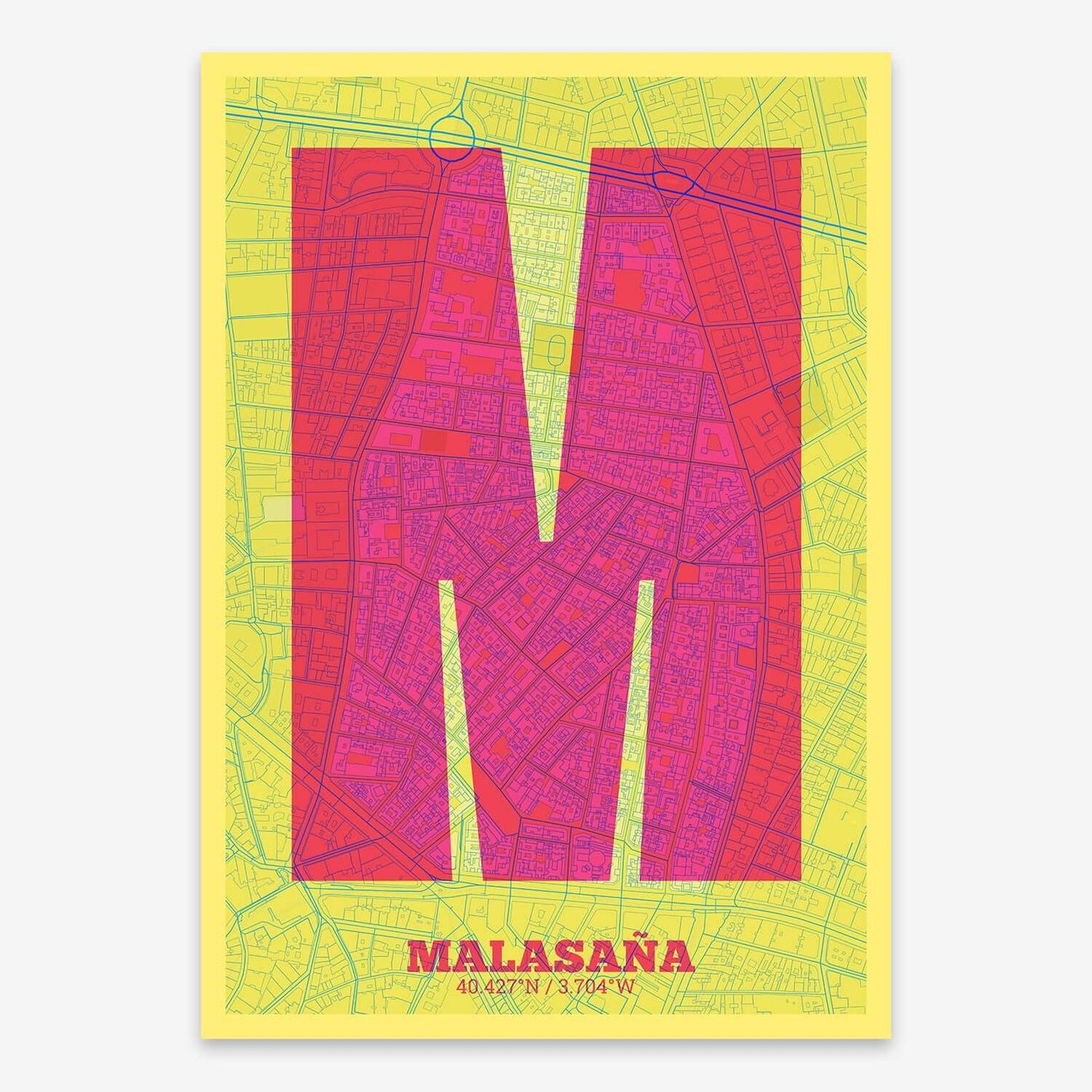 The map of Malasaña composed with letters in a heavy geometric font printed on purple and light blue