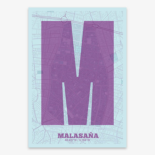 Decorative print of Madrid composed with letters in a heavy geometric font printed on purple and light blue
