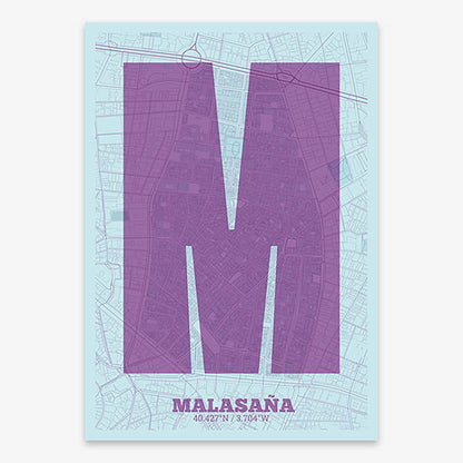 Decorative print of Madrid composed with letters in a heavy geometric font printed on purple and light blue