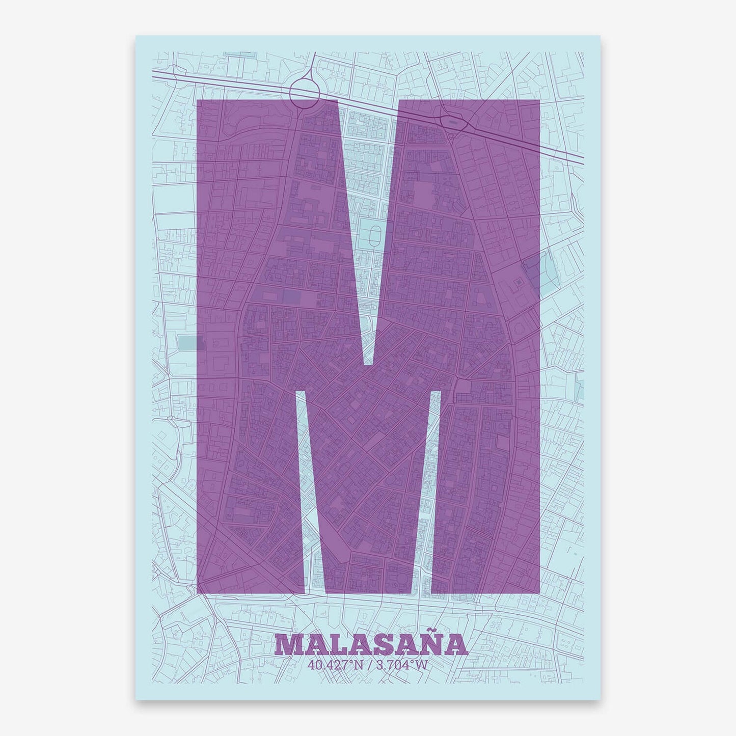 The map of Malasaña composed with letters in a heavy geometric font printed on orange and an off-white background