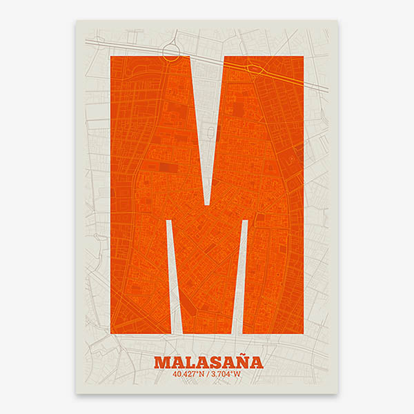 Decorative print of Madrid composed with letters in a heavy geometric font printed on orange and an off-white background