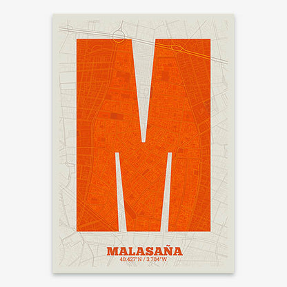 Decorative print of Madrid composed with letters in a heavy geometric font printed on orange and an off-white background