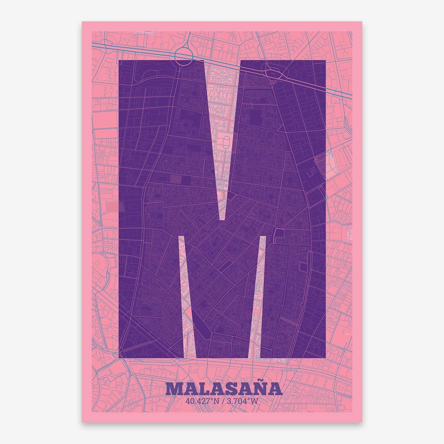 The map of Malasaña composed with letters in a heavy geometric font printed on red and an off-white background