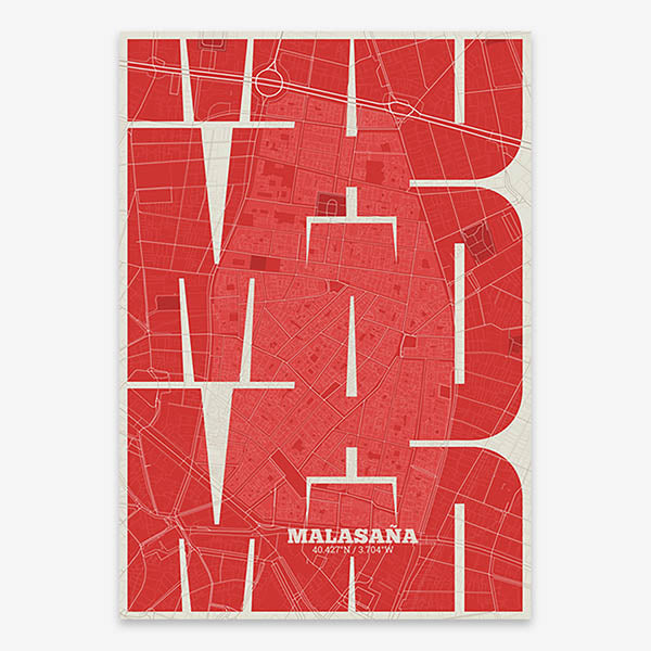 Poster of Madrid composed with letters from its abbreviation or its airport IATA code printed on red and an off-white background
