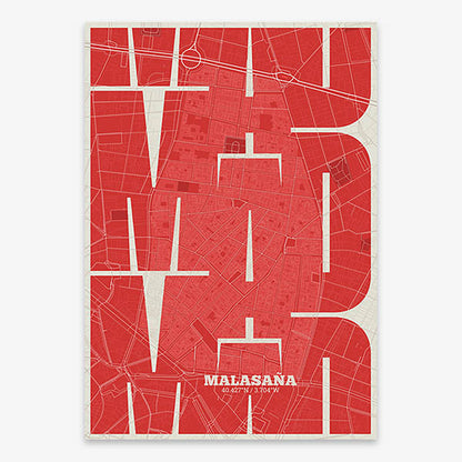 Poster of Madrid composed with letters from its abbreviation or its airport IATA code printed on red and an off-white background