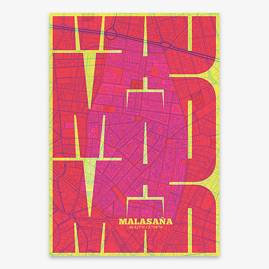 Poster of Madrid composed with letters from its abbreviation or its airport IATA code printed on yellow and fuchsia