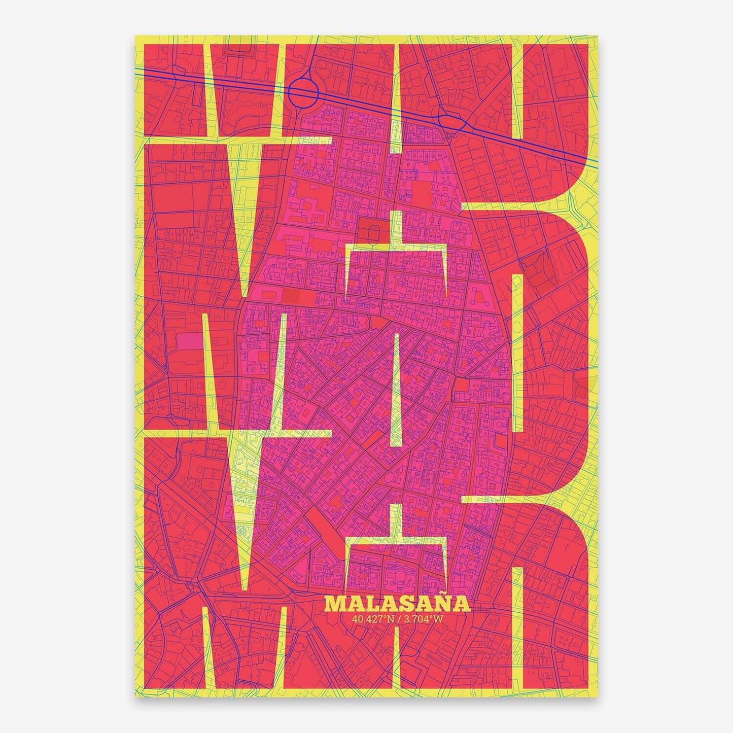 The map of Malasaña composed with letters from its name or IATA code printed on violet y pink background