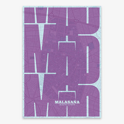 Poster of Madrid composed with letters from its abbreviation or its airport IATA code printed on purple and light blue