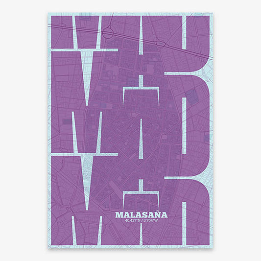 Poster of Madrid composed with letters from its abbreviation or its airport IATA code printed on purple and light blue