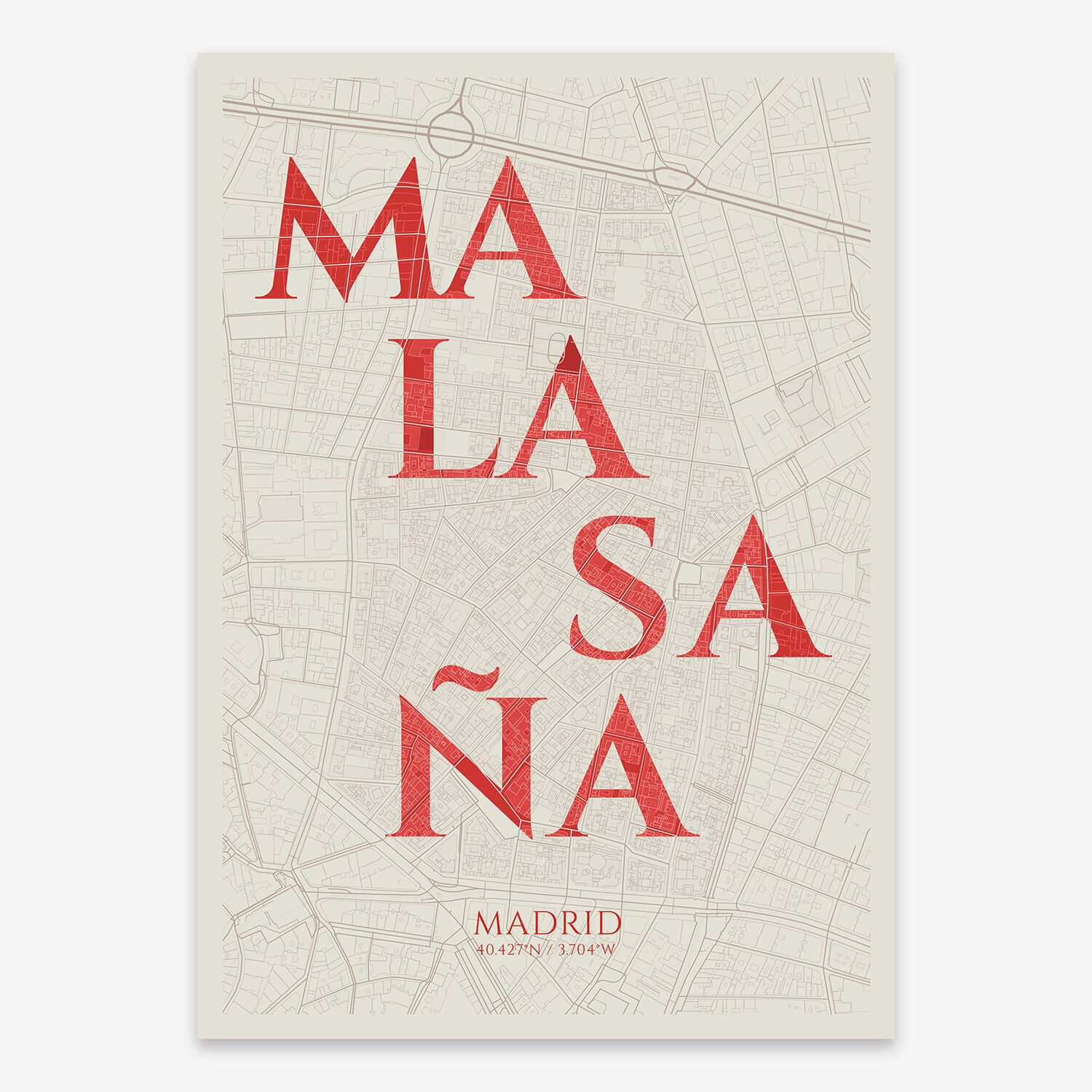 The map of Malasaña composed with letters in serif font printed on yellow and fuchsia