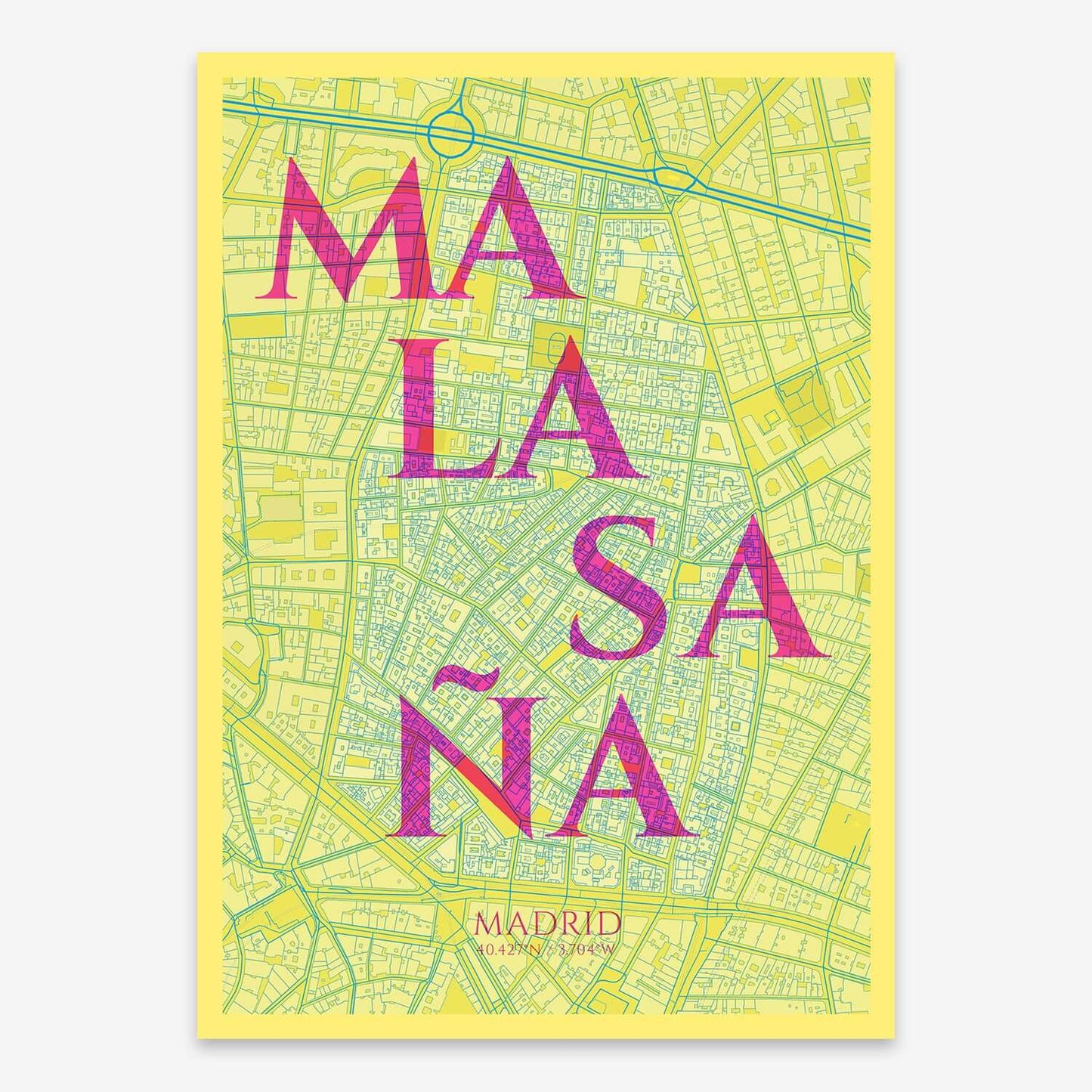 The map of Malasaña composed with letters in serif font printed on purple and light blue