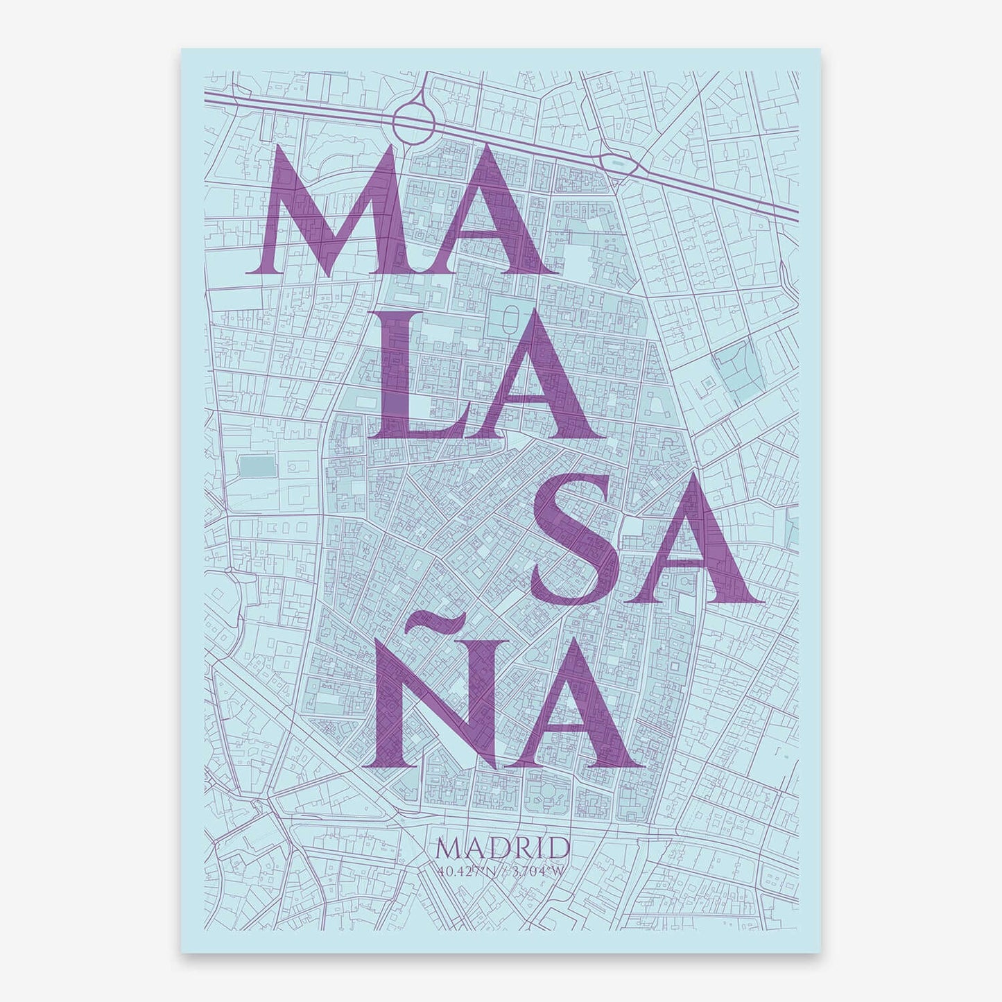 The map of Malasaña composed with letters in serif font printed on violet y pink background