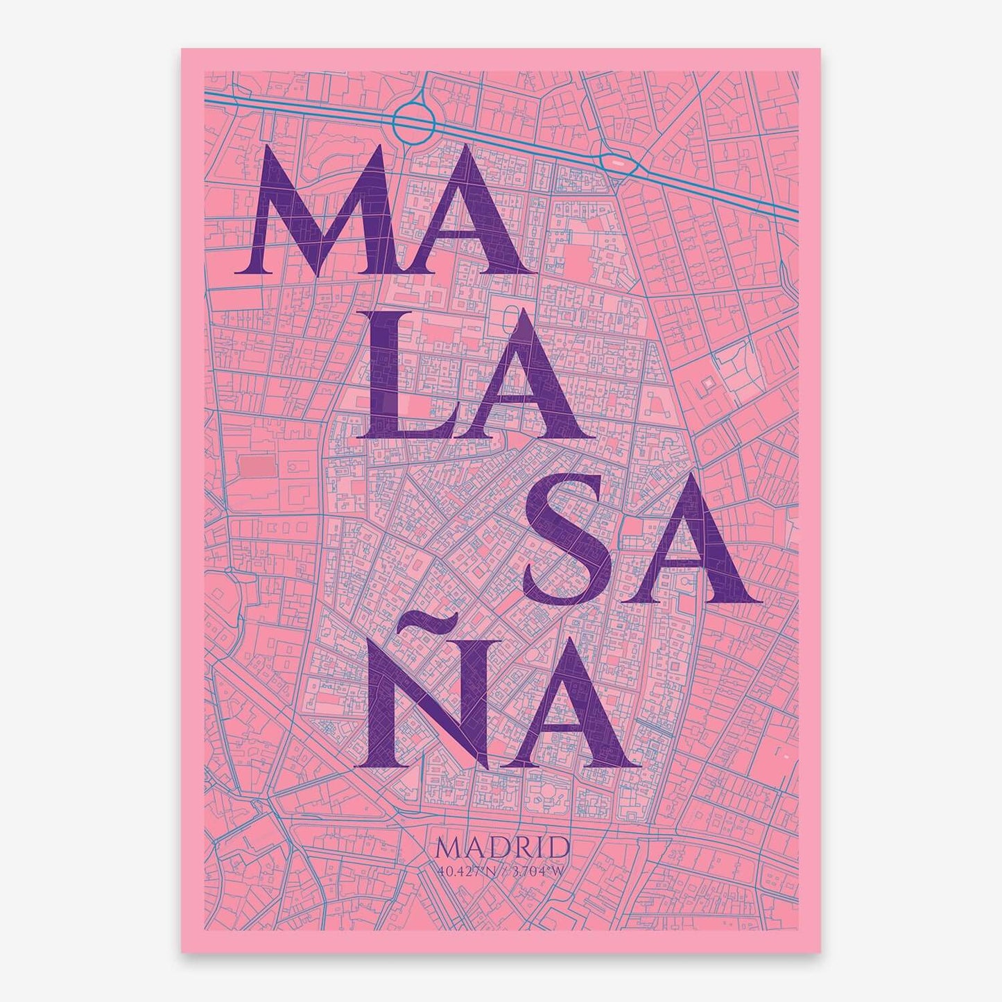 The map of Malasaña composed with letters in serif font printed on red and an off-white background