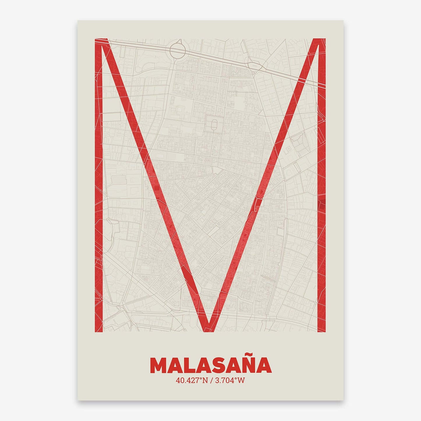 The map of Malasaña composed with letters in extra light font printed on red and an off-white background