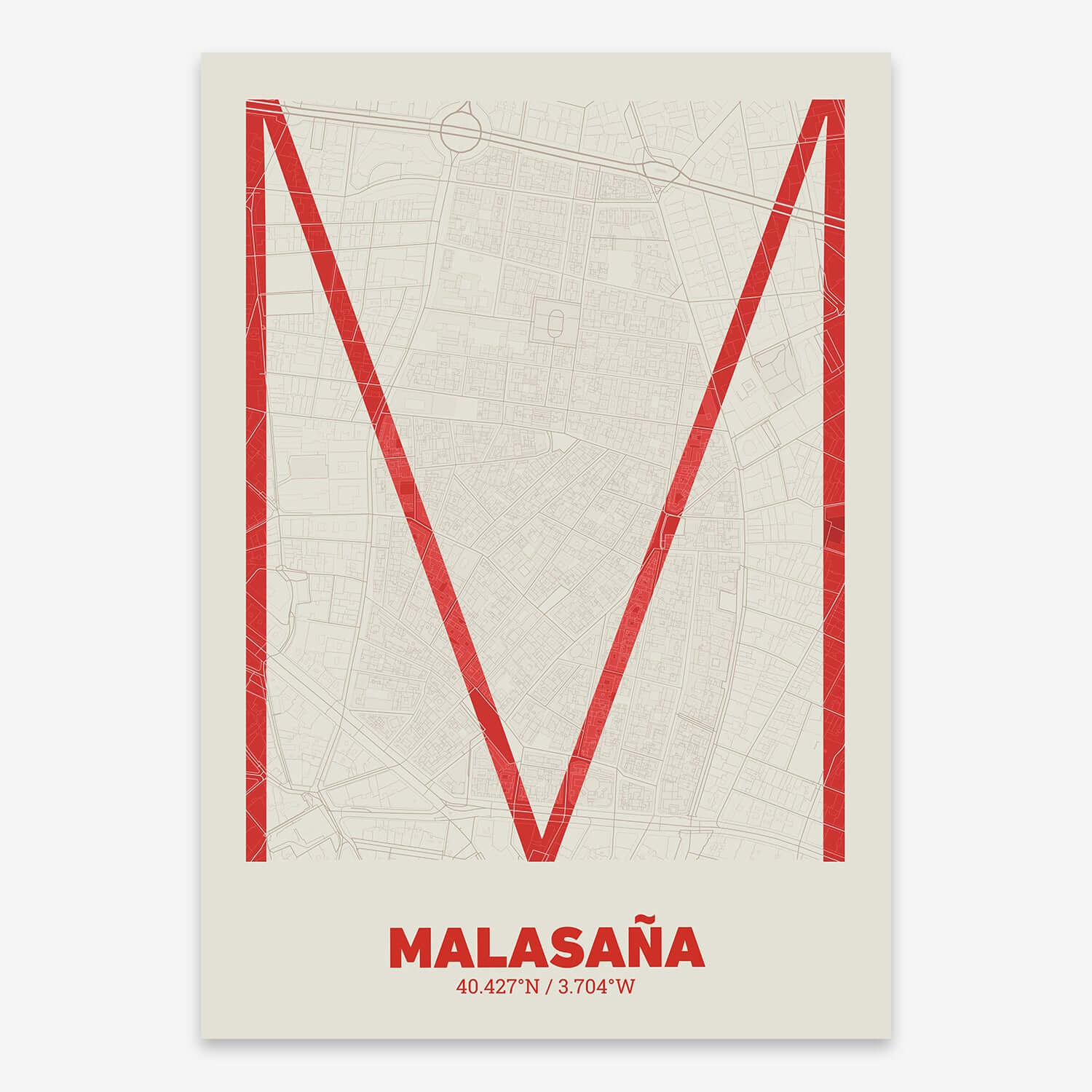 The map of Malasaña composed with letters in extra light font printed on red and an off-white background