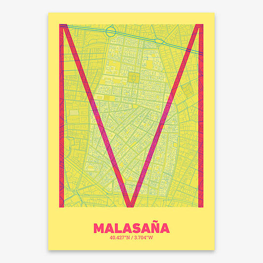 Poster of Madrid composed with letters in extra light font printed on yellow and fuchsia
