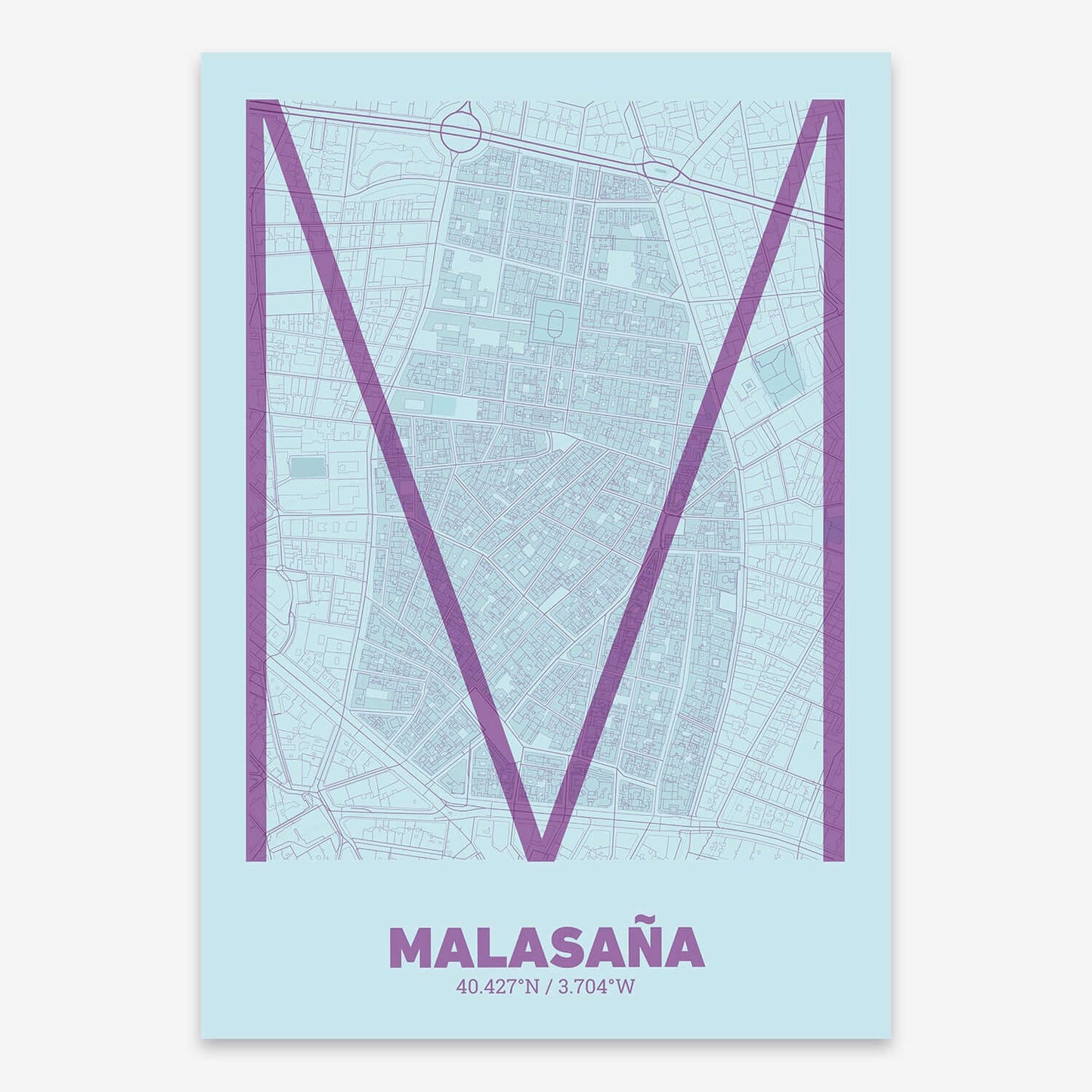 The map of Malasaña composed with letters in extra light font printed on violet y pink background