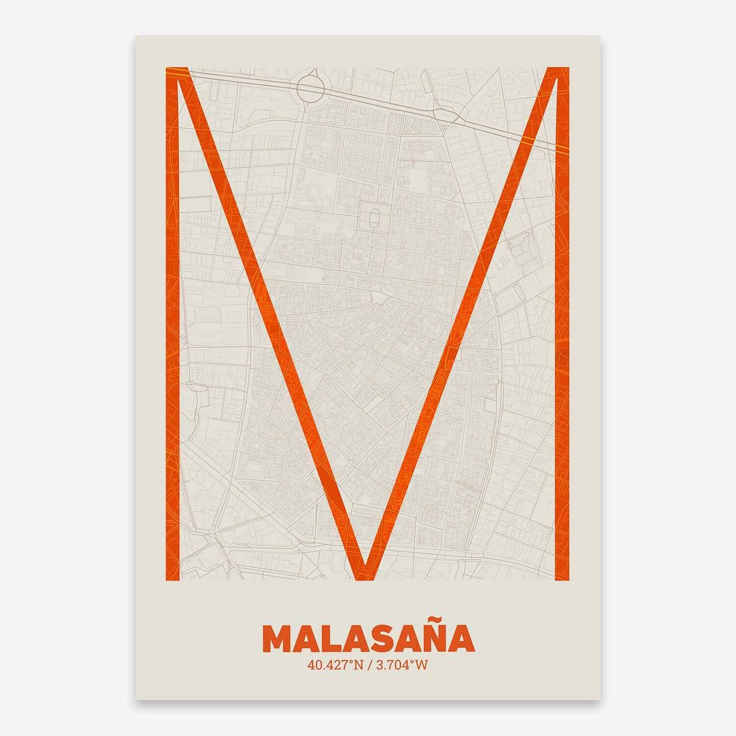 The map of Malasaña composed with letters in extra light font printed on yellow and fuchsia