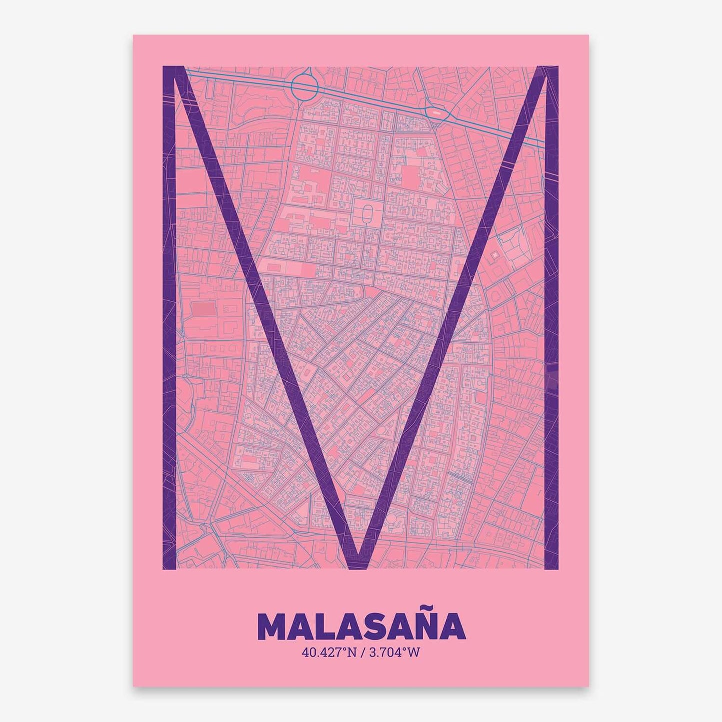 The map of Malasaña composed with letters in extra light font printed on purple and light blue