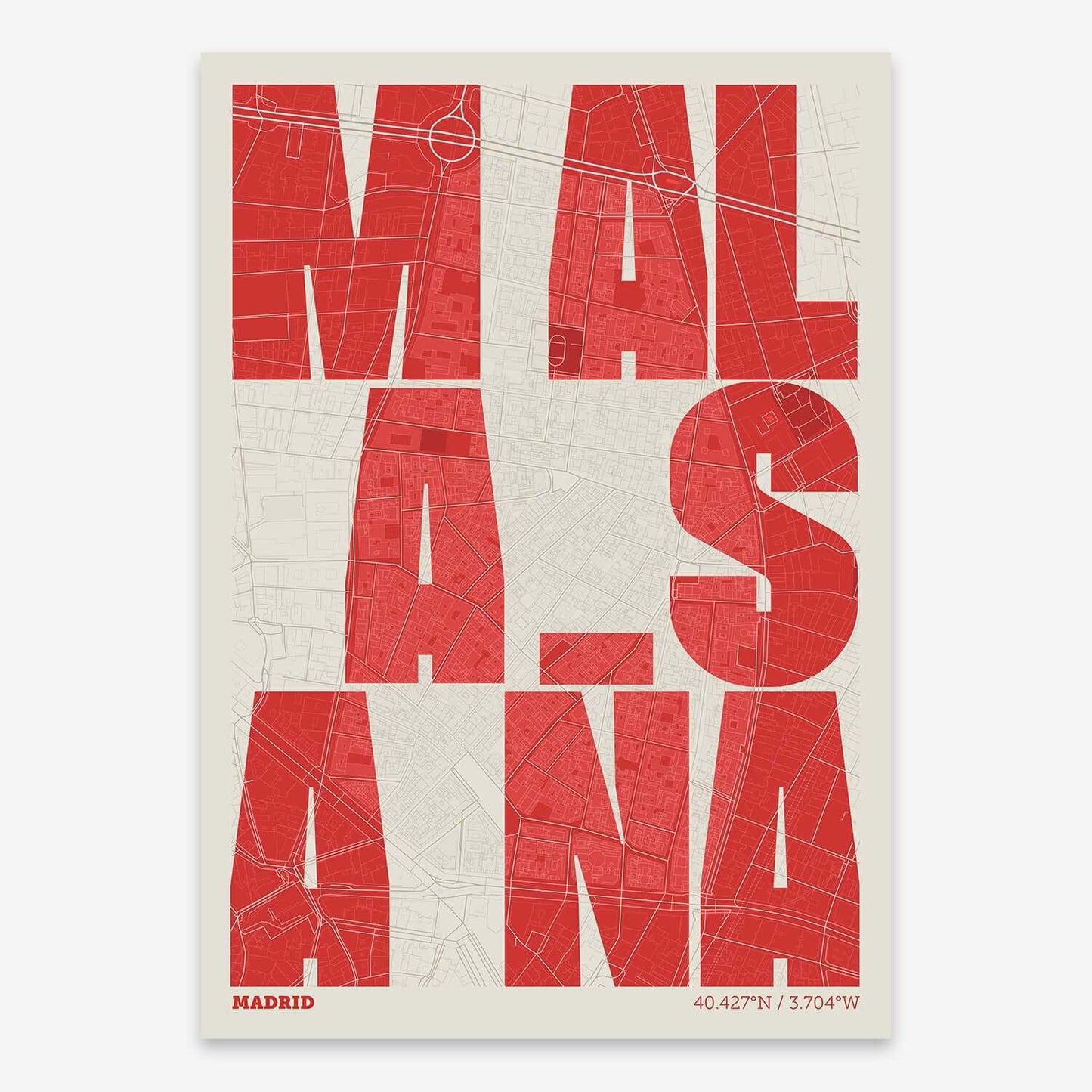 The map of Malasaña with letters of its name placed randomly, designed in red and an off-white background