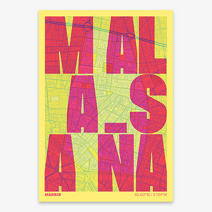 Decorative print of Madrid with letters of its name placed randomly, designed in yellow and fuchsia