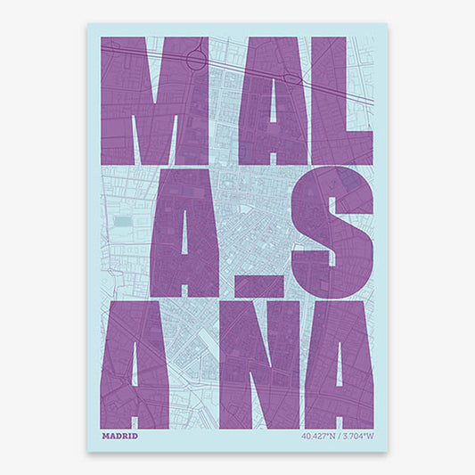 Decorative print of Madrid with letters of its name placed randomly, designed in purple and light blue