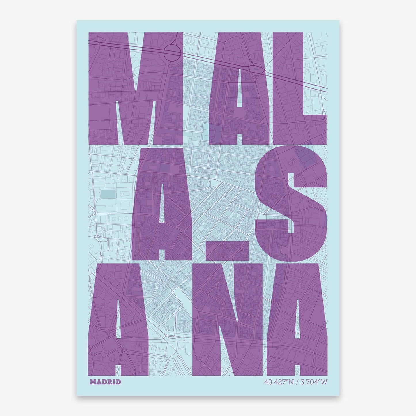 The map of Malasaña with letters of its name placed randomly, designed in purple and light blue