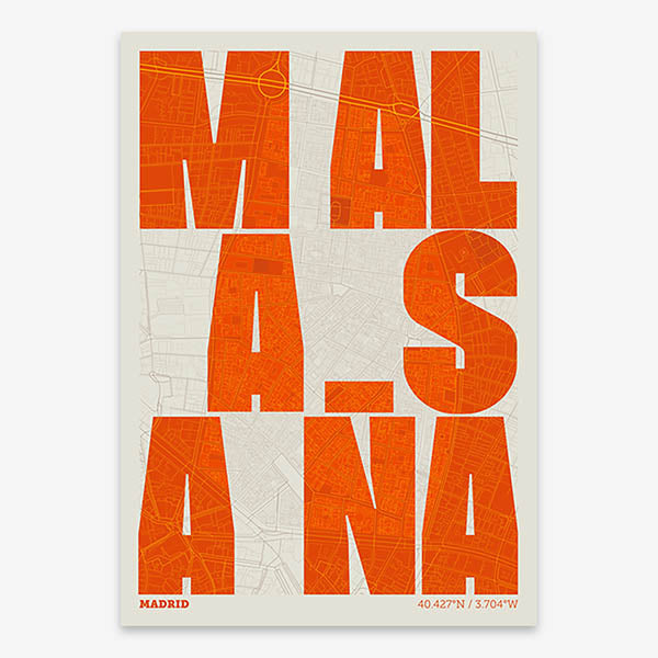 Decorative print of Madrid with letters of its name placed randomly, designed in orange and an off-white background