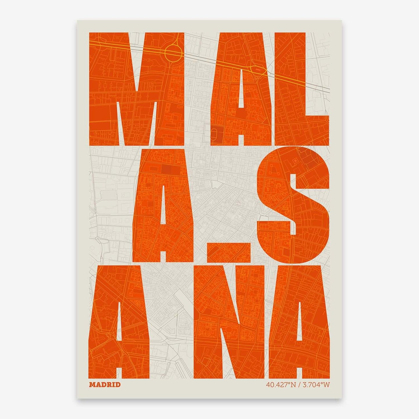 The map of Malasaña with letters of its name placed randomly, designed in orange and an off-white background