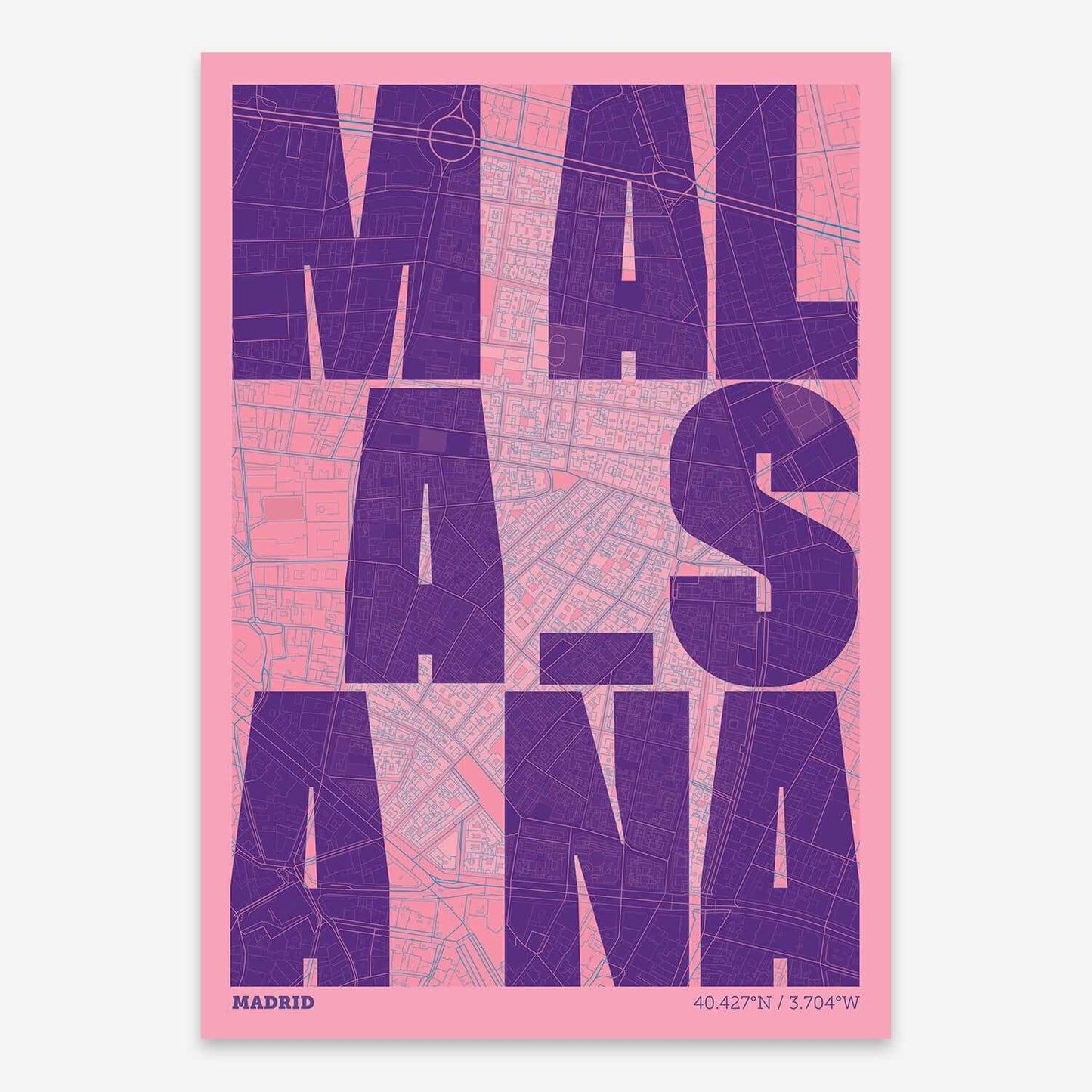 The map of Malasaña with letters of its name placed randomly, designed in violet y pink background