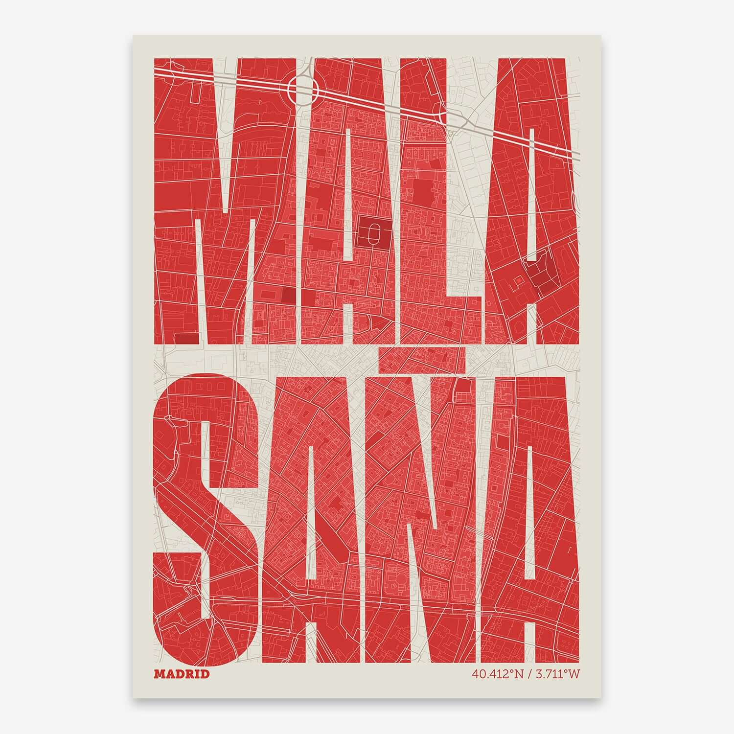 The map of Malasaña composed with letters in a heavy geometric font printed on red and an off-white background