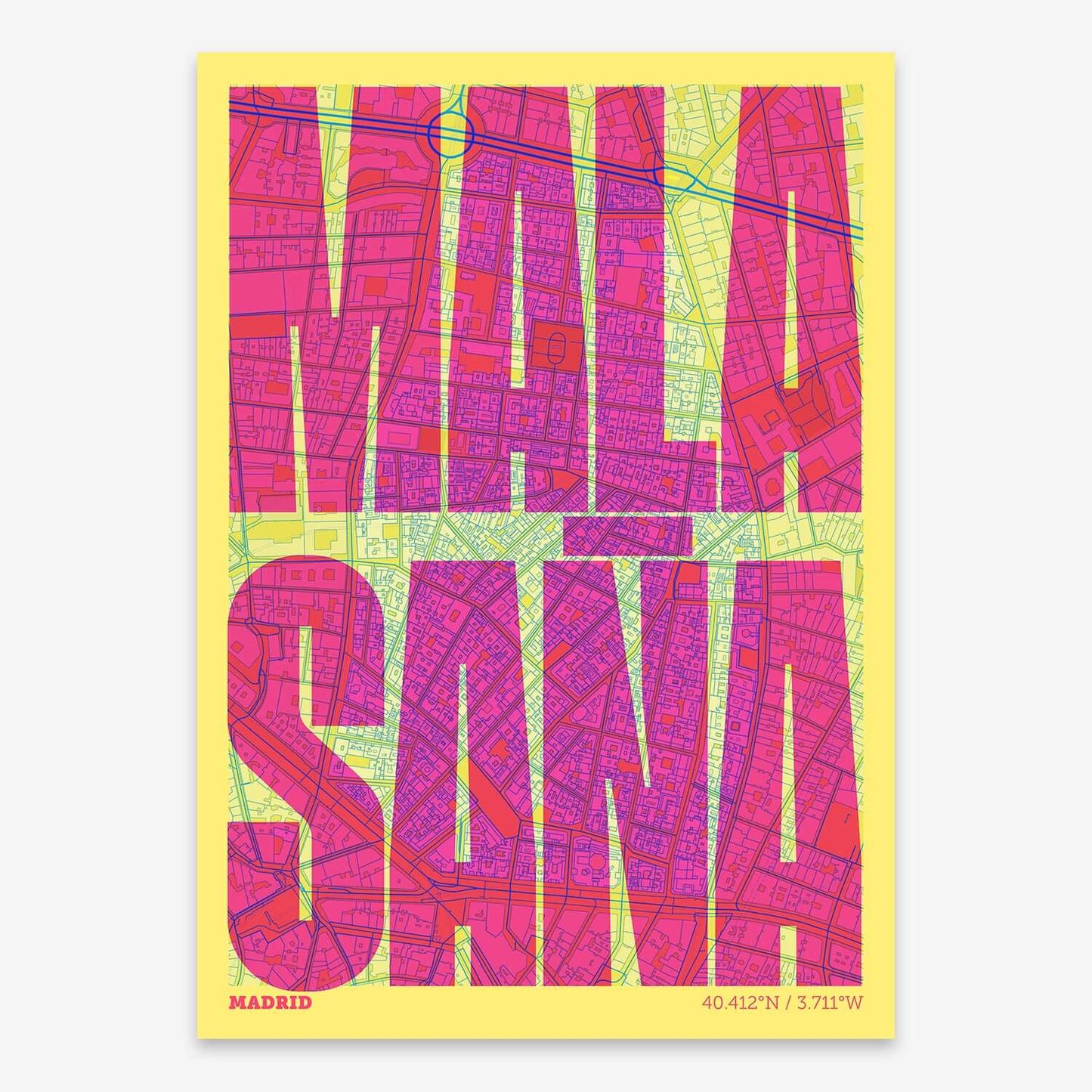 The map of Malasaña composed with letters in a heavy geometric font printed on yellow and fuchsia