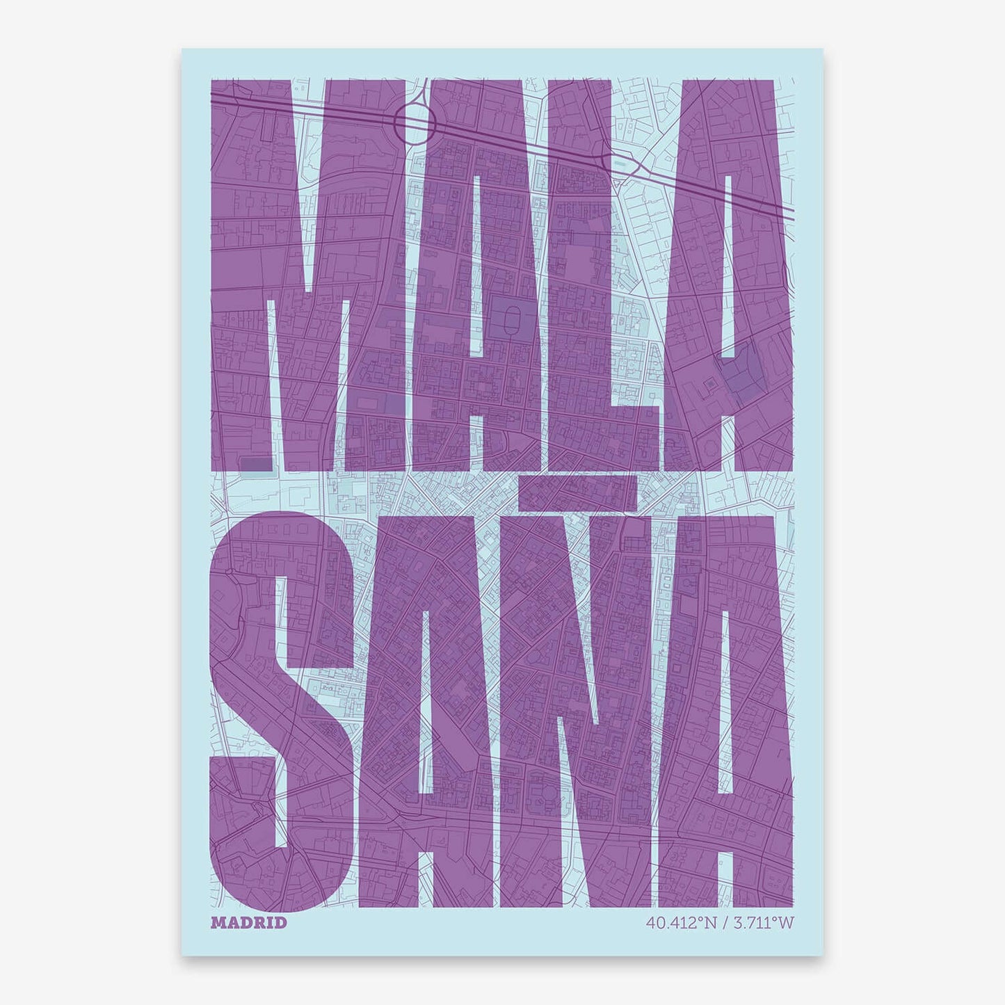 The map of Malasaña composed with letters in a heavy geometric font printed on purple and light blue