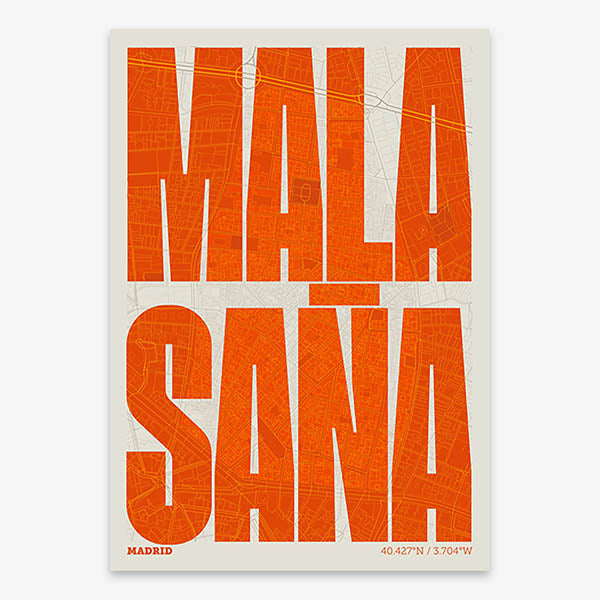 Decorative map of Madrid and letters of its name in a giclée print designed in orange and an off-white background