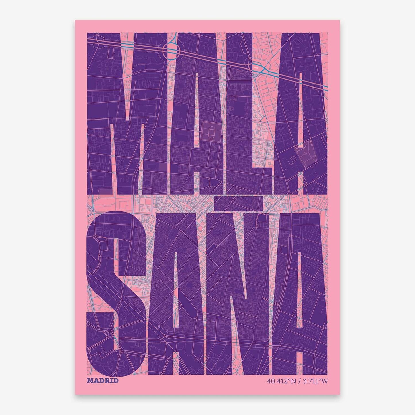 The map of Malasaña composed with letters in a heavy geometric font printed on violet y pink background