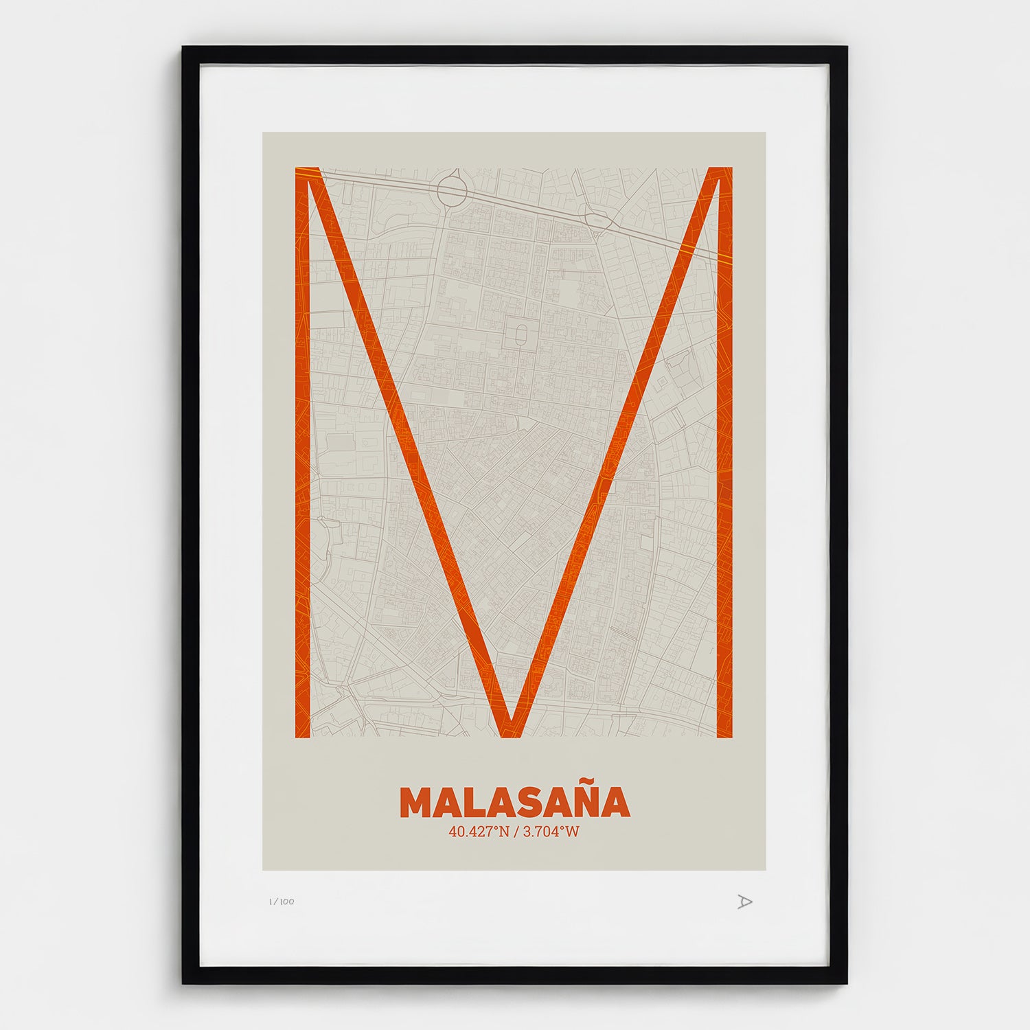 Lámina tipográfica de Malasaña – diseño Ultrafina, marco negro