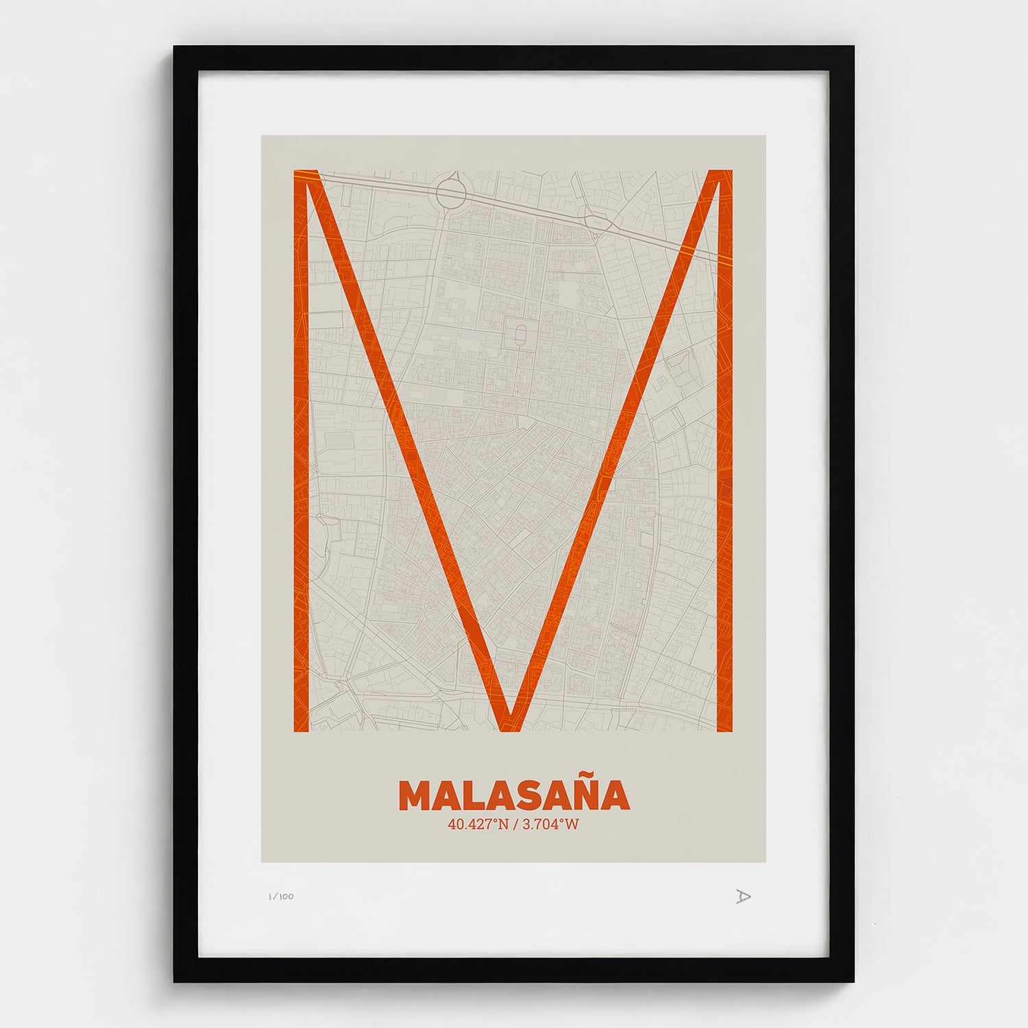 Lámina tipográfica de Malasaña – diseño Ultrafina, marco negro