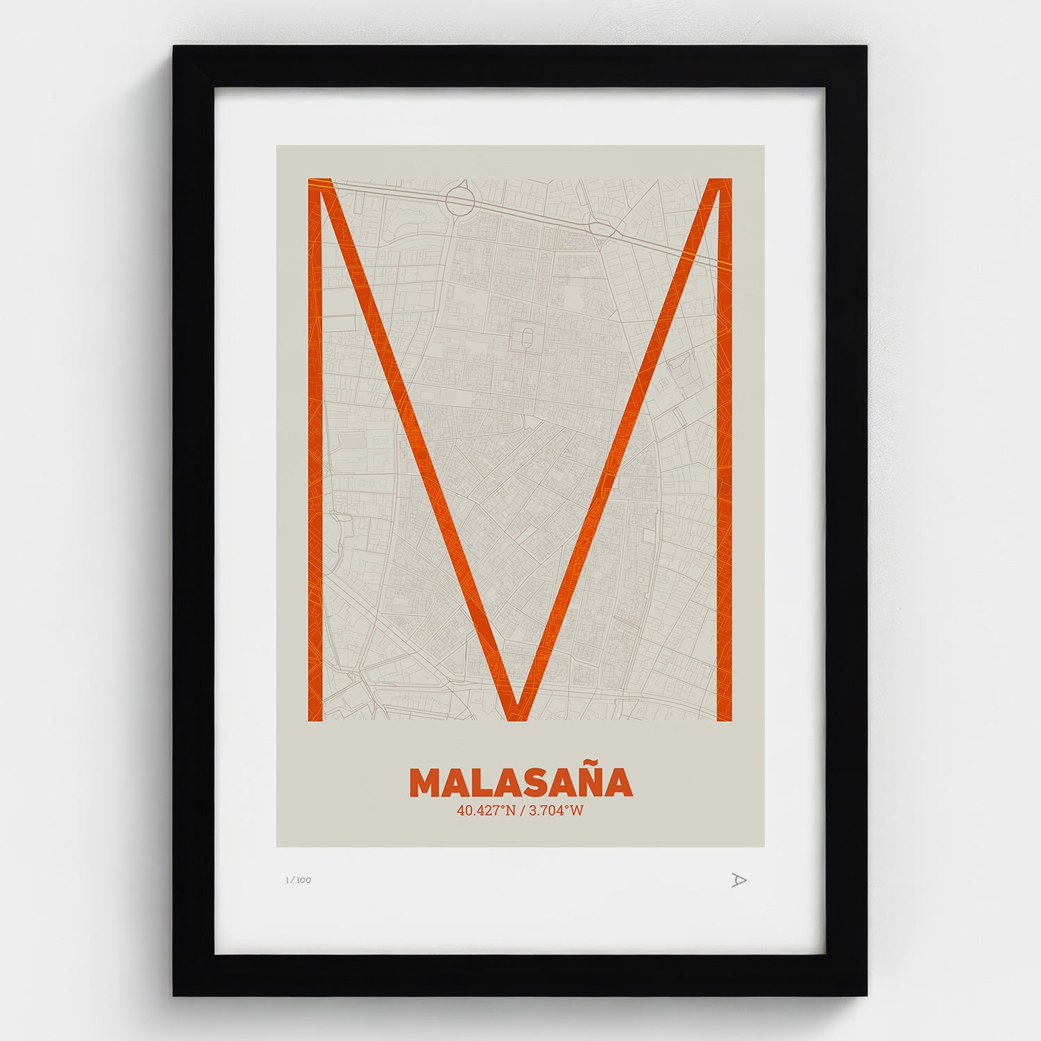 Lámina tipográfica de Malasaña – diseño Ultrafina, marco negro