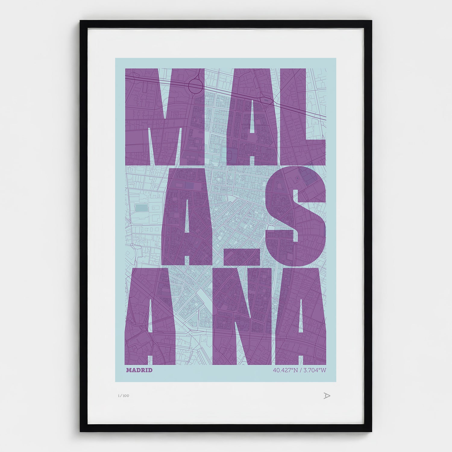 Lámina tipográfica de Malasaña – diseño Revoltosa, marco negro