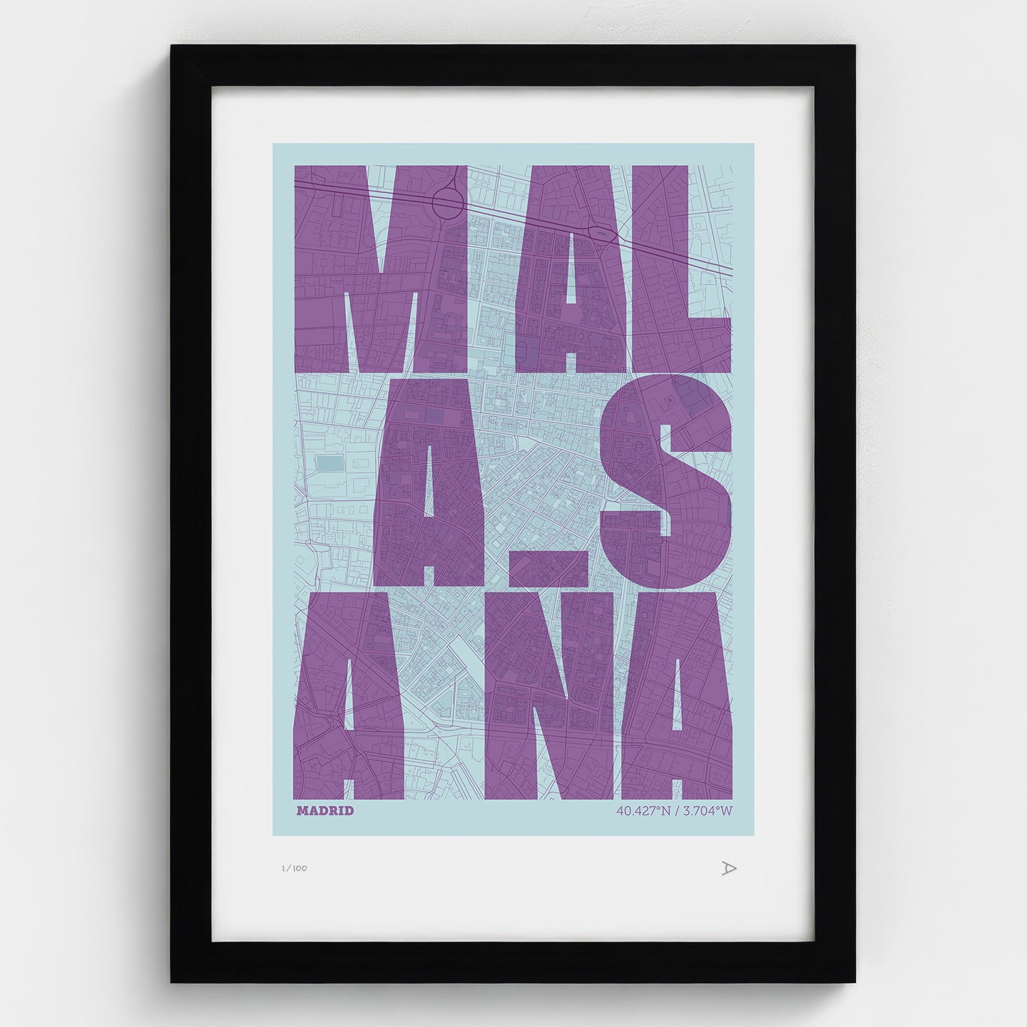 Lámina tipográfica de Malasaña – diseño Revoltosa, marco negro
