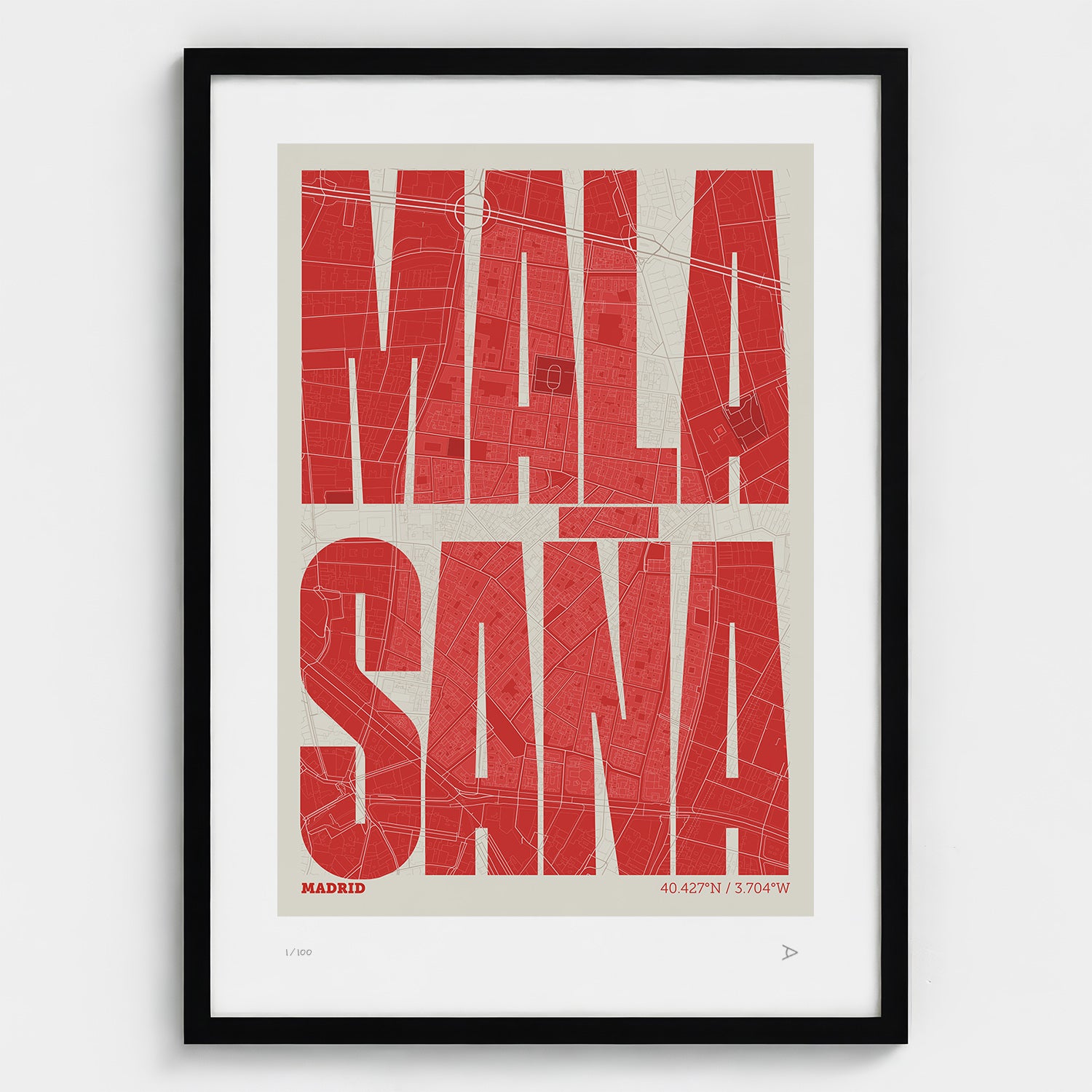 Lámina tipográfica de Malasaña – diseño Extra Comprimida, marco negro