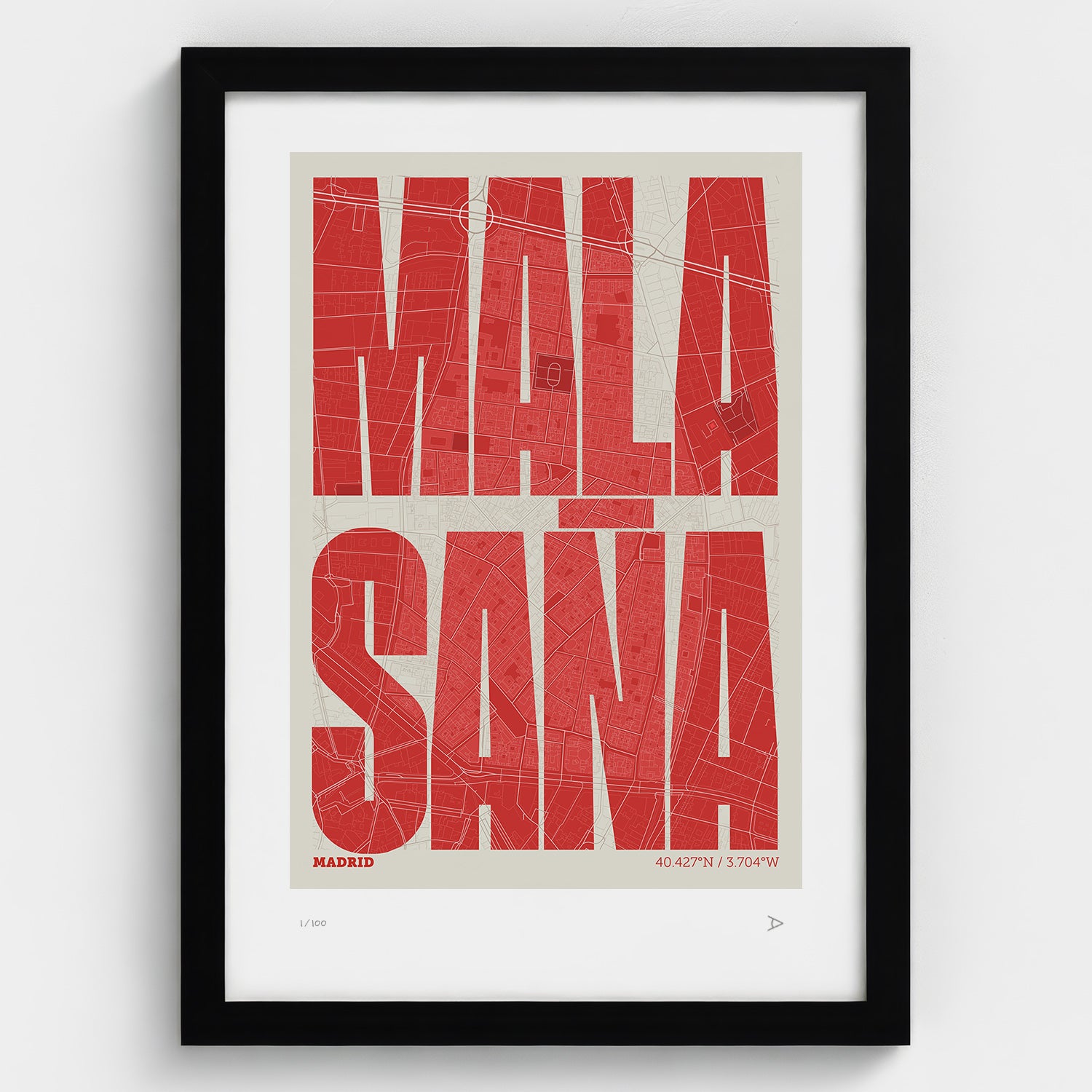 Lámina tipográfica de Malasaña – diseño Extra Comprimida, marco negro